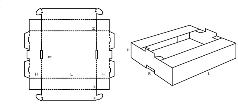 Krempelverpackung Fefco 0436 mit Stapelnase und zum Einstecken mit Stapelfläche technische Zeichnung